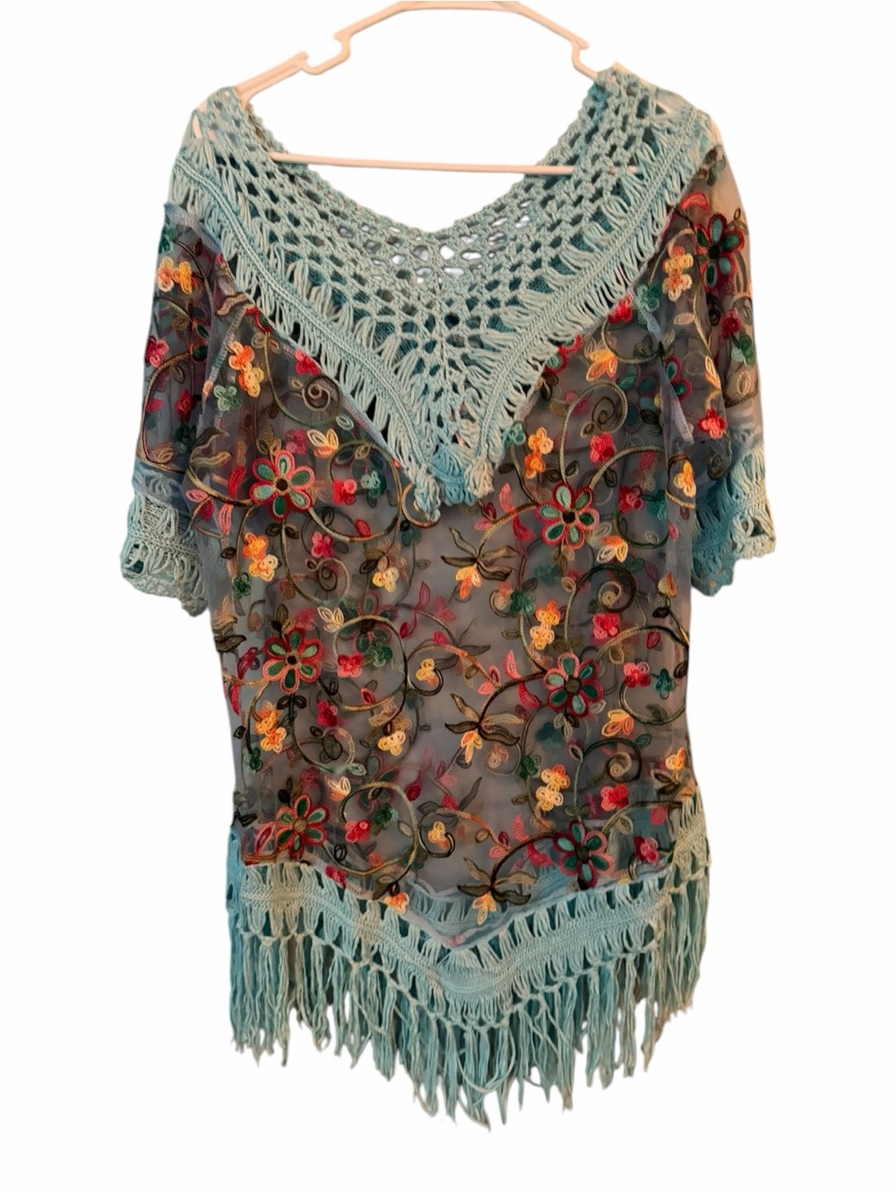 Casa Amayal Sheer Embroidered Crochet Fringe Boho Beach Cover Up OS - Picture 3 of 9